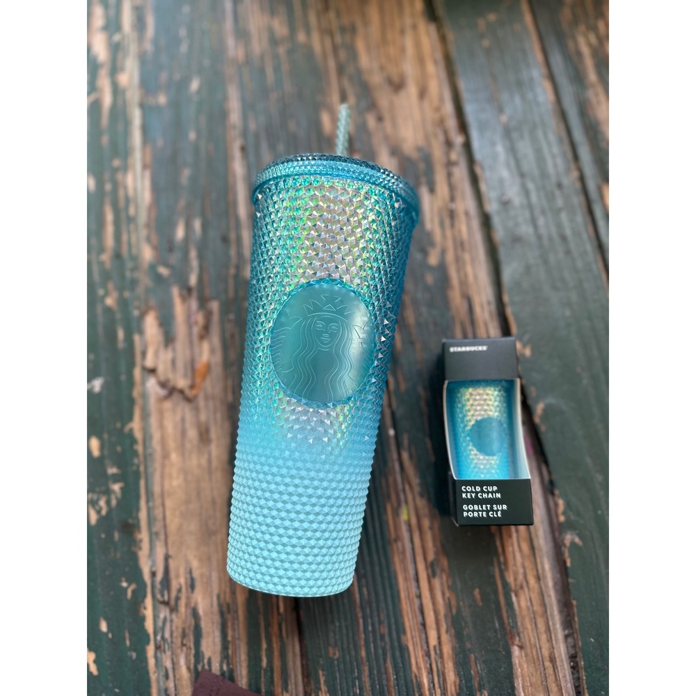 Starbucks Light Blue Iridescent Studded Venti Tumbler 24oz and Keychain Set